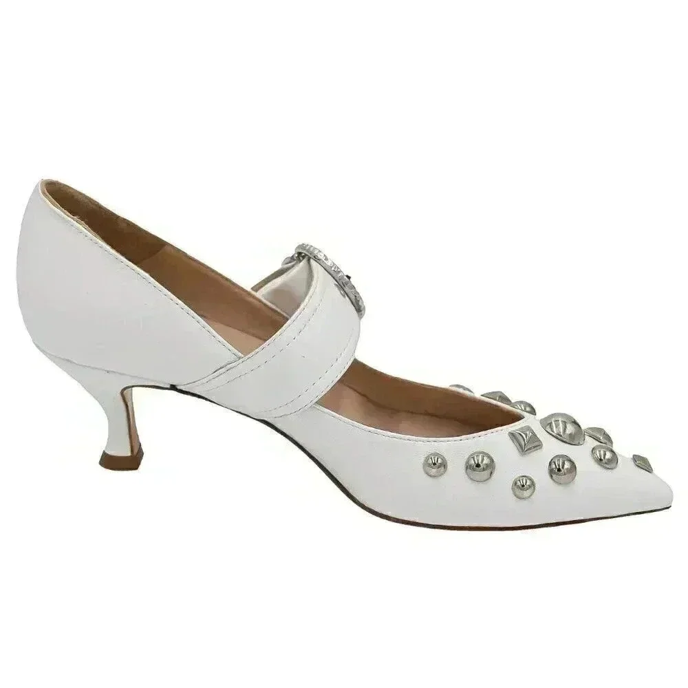 White Studded Pointed Toe Kitten Heel Pumps Size 38 Bridal Low‎ Heel Mary Janes
